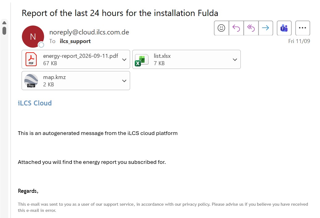 An automated iLCS Cloud email with PDF, Excel and map attachments