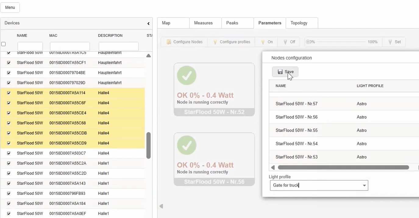 iLCS interface for assigning lighting profiles to selected devices