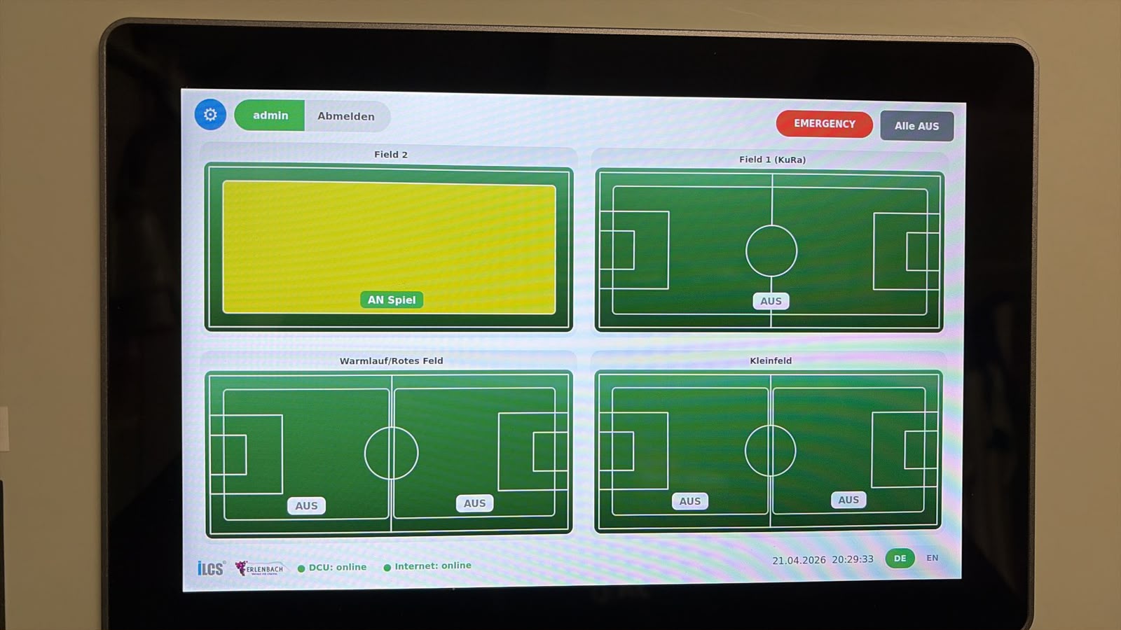 iLCS touch panel showing controls for four sports fields