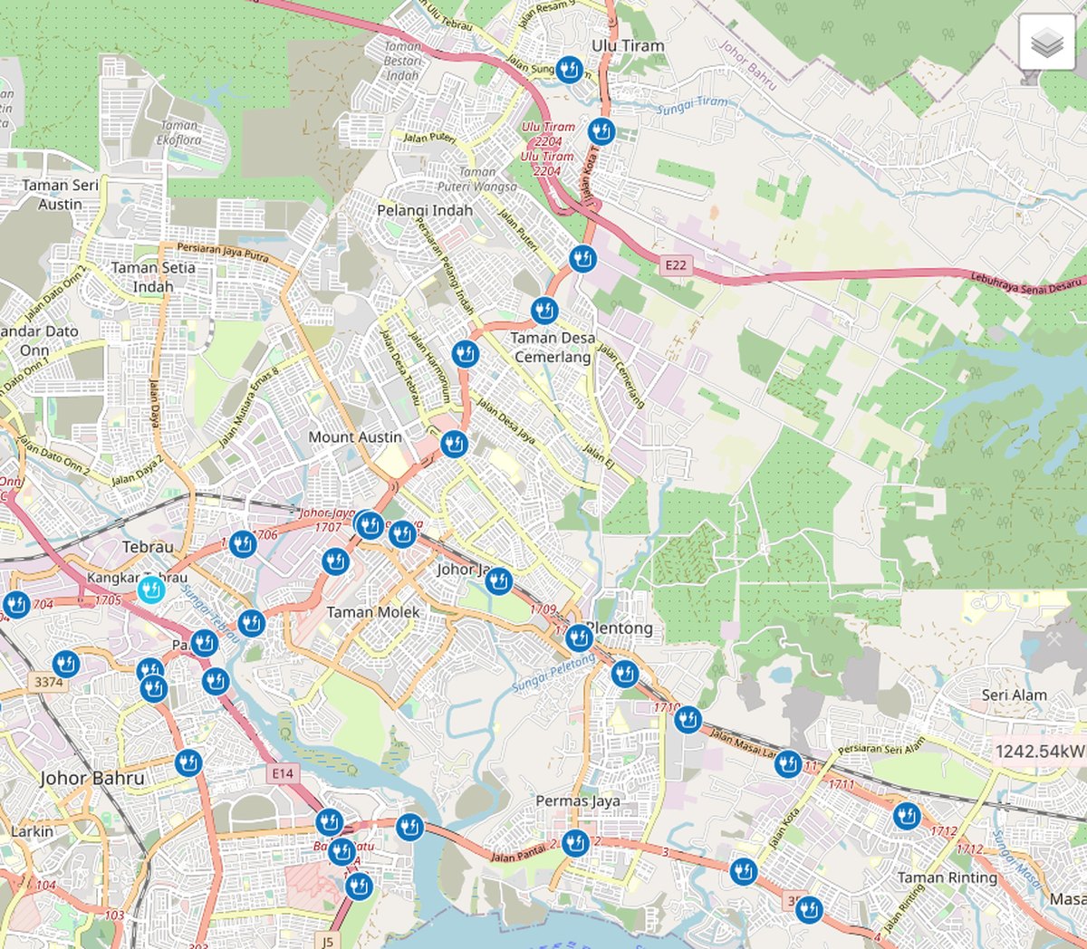 The platform map of Johor Bahru with the monitored feeder pillars marked across the city
