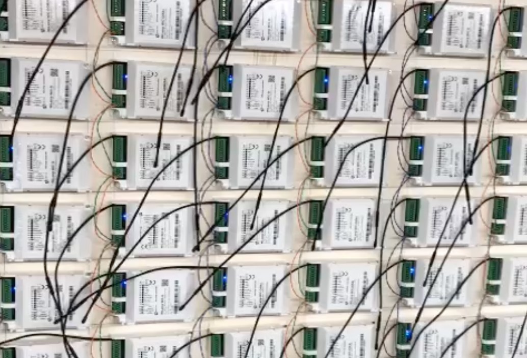 A wall of iLCS mains nodes wired and powered in the burn-in room
