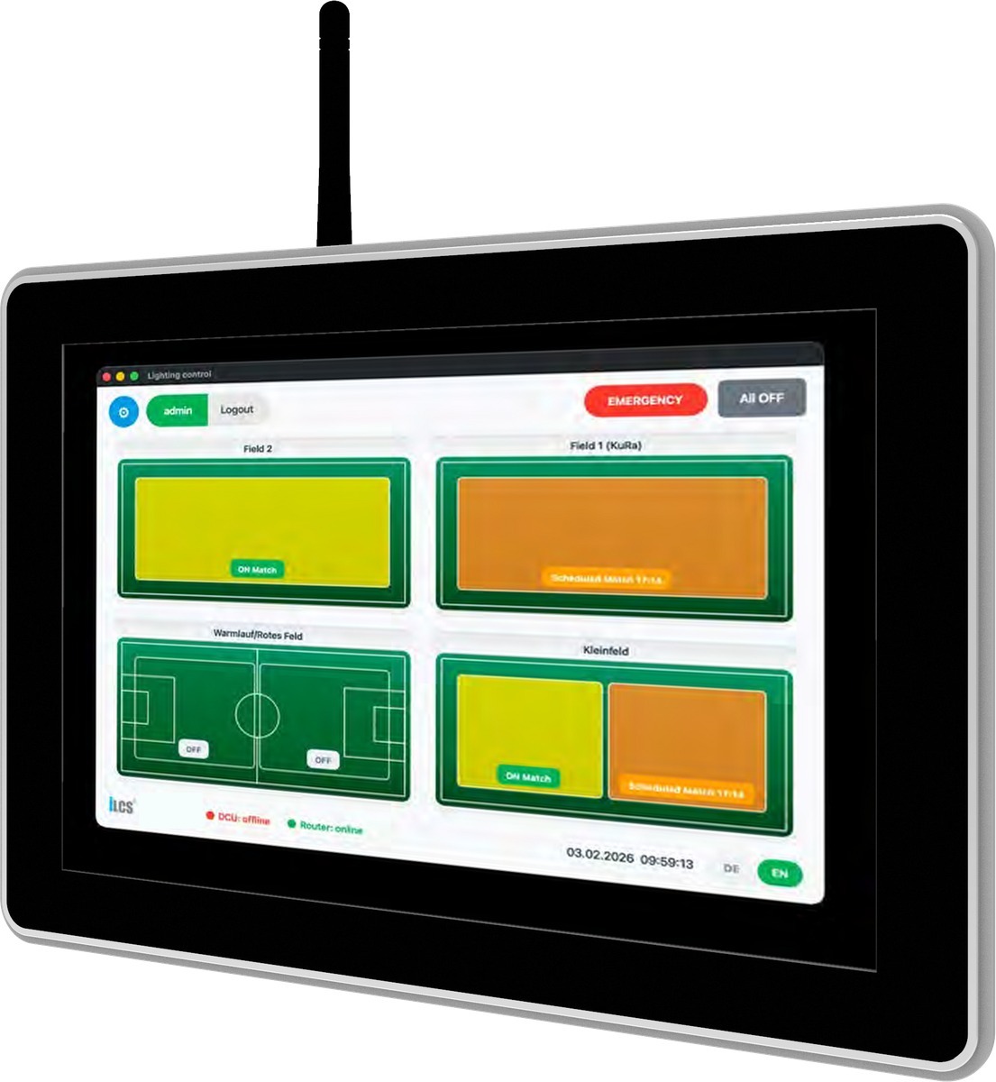 The iLCS touch panel showing the lighting control screen of a site