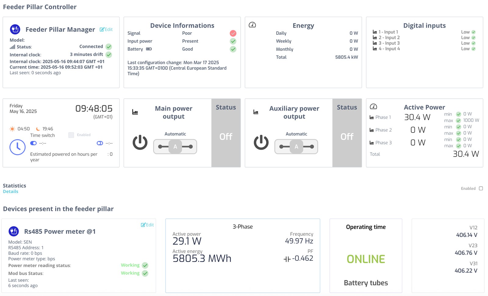 The cabinet page in the platform: device status, energy, digital inputs, main and auxiliary output, power per phase and the meter on the RS-485 bus